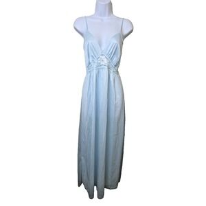Vtg 80s Plunge Embroidered Long Nightgown Shimmery Nylon Blue Size XL Blair